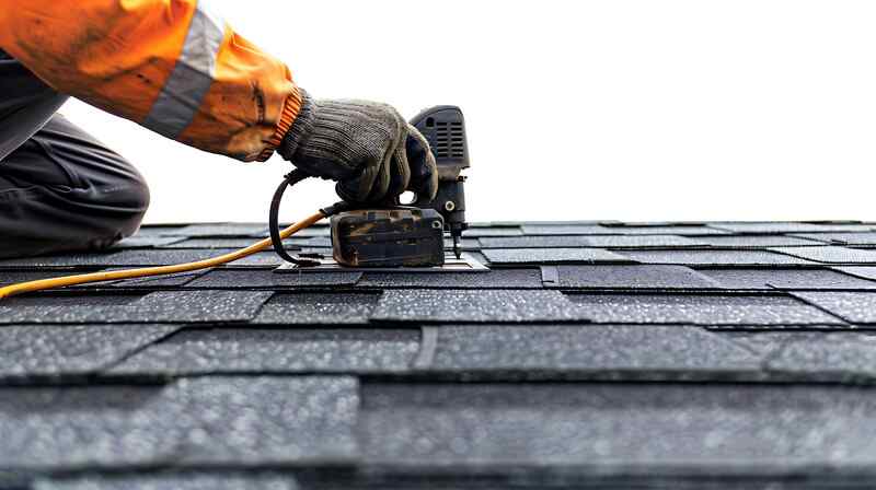 A professional roofing contractor carefully using an air nail gun to place new asphalt bitumen shingles on a home's roof