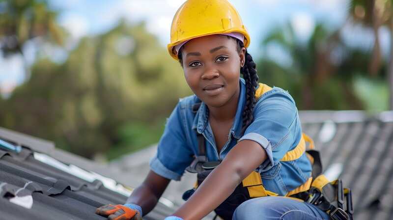 A young woman wearing work overalls and a safety helmet is installing roof shingles on a building