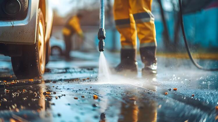 A man cleaning with a power washer