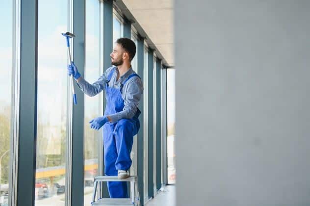 man professionally cleaning window in building