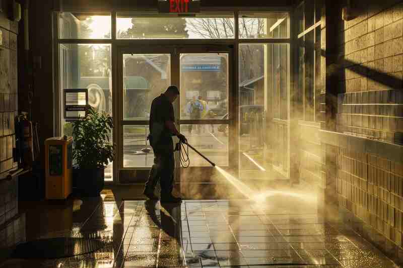 A man cleaning an interior with a pressure washer