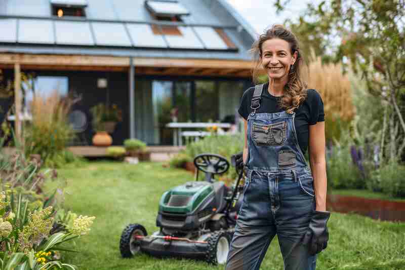 Female gardener in overalls standing in garden with tractor lawn mower