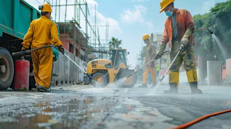 Team of workers in yellow suits pressure washing the street using heavy cleaning equipment