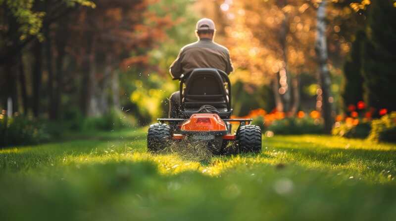 man wearing a hat lawn mowing