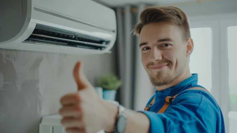 Smiling technician in blue uniform giving thumbs up