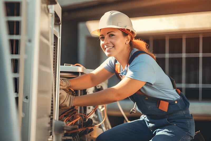 Young female mechanic engineer repairing air conditioner