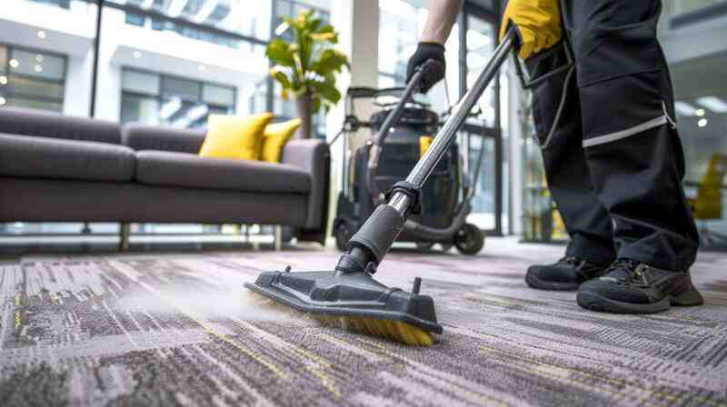 Industrial vacuum cleaner used by professional cleaners on office carpet commercial cleaning concept