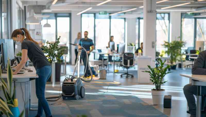 Professional cleaners using vacuum in expansive office space with employees in the background