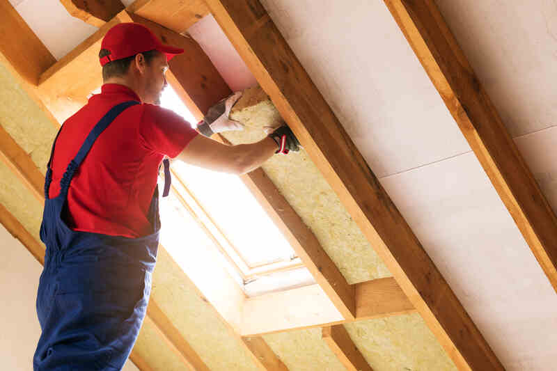 construction worker installing house attic insulation