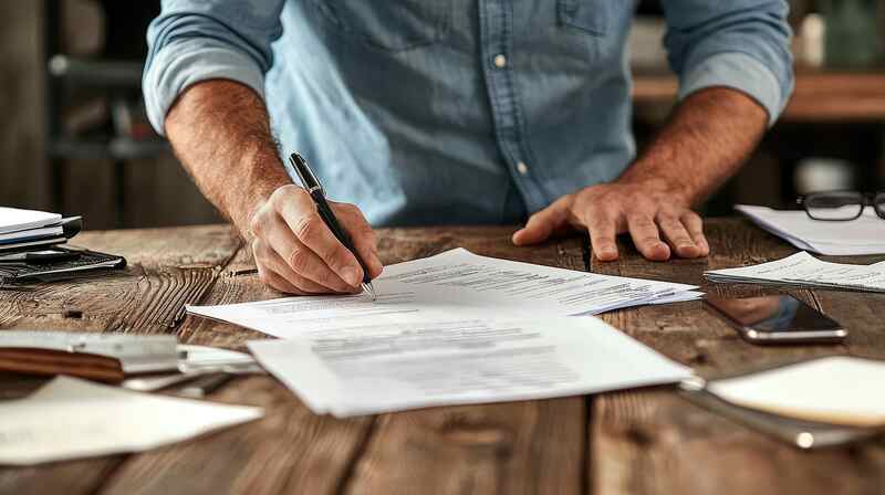 A contractor writing on paperwork at a wooden desk