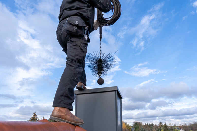 Chimney sweep cleaning a chimney standing on the house roof