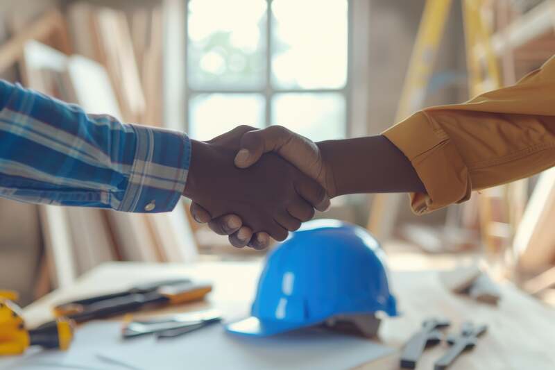 Collaborative handshake between client and construction team to express gratitude