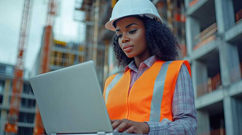 Woman construction worker using laptop